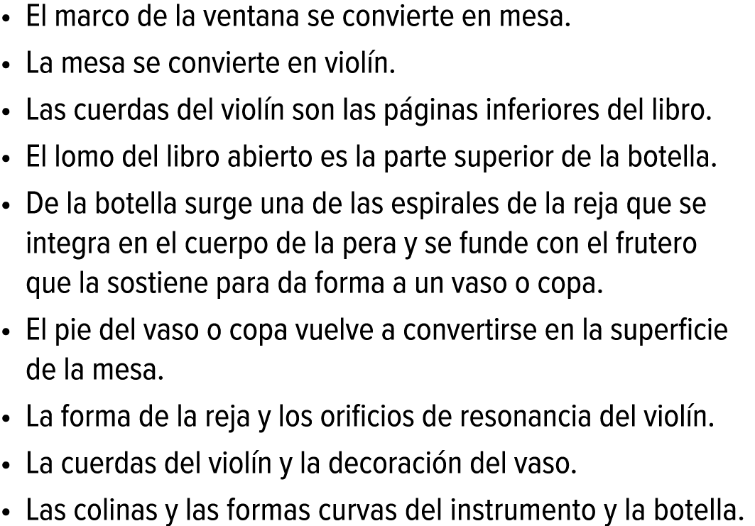 El marco de la ventana se convierte en mesa. La mesa se convierte en violín. Las cuerdas del violín son las páginas i...